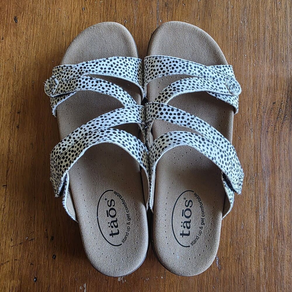 Taos Women's US 8 Leather Adjustable Slide Sandals Calfhair White Polka Dot - Picture 5 of 6
